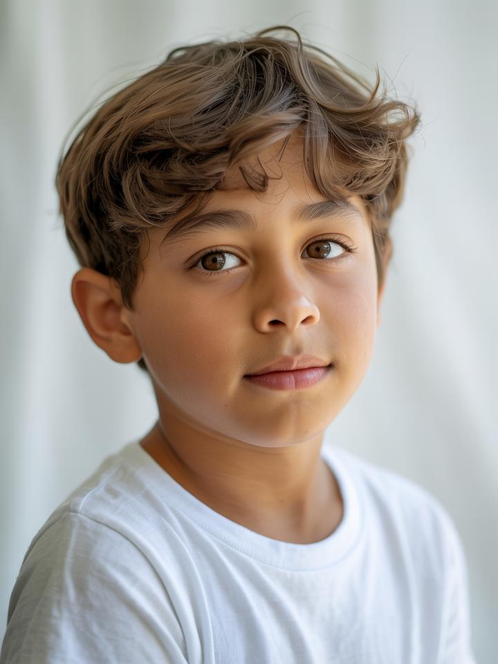 Mateo — AI child model: Wavy brown hair, active and warm